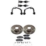 JC Whitney 8-Piece Kit Front, Driver and Passenger Side Axle Assembly, Supplied with Standard Neoprene Outboard Boot, New, includes (2) Axle Assembly, (2) Brake Disc, (1) Brake Pad Set, and (2) Control Arm