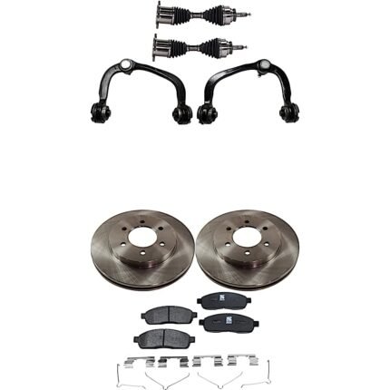JC Whitney 8-Piece Kit Front, Driver and Passenger Side Axle Assembly, Supplied with Standard Neoprene Outboard Boot, New, includes (2) Axle Assembly, (2) Brake Disc, (1) Brake Pad Set, and (2) Control Arm