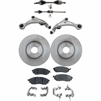JC Whitney 8-Piece Kit Front, Driver and Passenger Side Axle Assembly with Brake Discs, Brake Pad Sets, and Control Arms, Front Wheel Drive