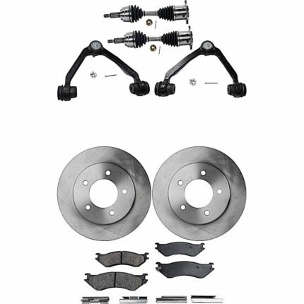 JC Whitney 8-Piece Kit Front, Driver and Passenger Side Axle Assembly - New, Includes (2) Axle Assembly, (2) Brake Disc, (1) Brake Pad Set, and (2) Control Arm