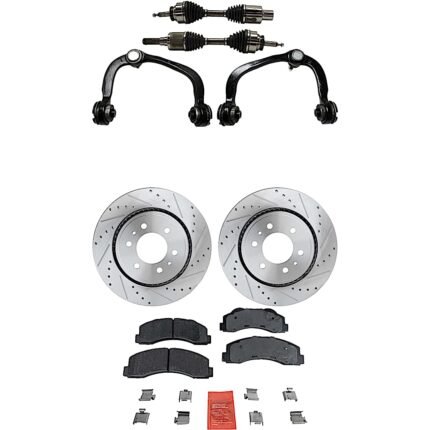 JC Whitney 8-Piece Kit Front, Driver and Passenger Side Axle Assembly, includes (2) Axle Assembly, (2) Brake Disc, (1) Brake Pad Set, and (2) Control Arm, 4WD
