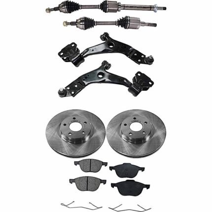 JC Whitney 8-Piece Kit Front, Driver and Passenger Side Axle Assembly with Brake Discs, Brake Pad Set, and Control Arms, FWD