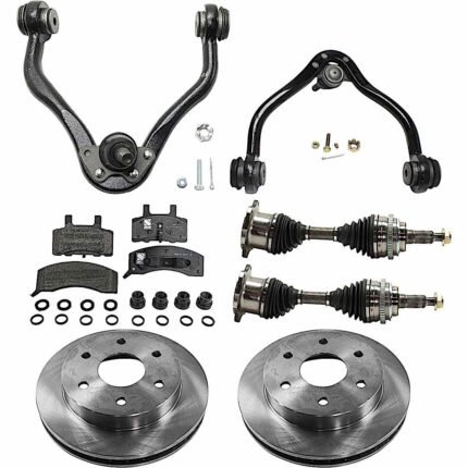 JC Whitney 8-Piece Kit Front, Driver and Passenger Side Axle Assembly with Brake Discs, Brake Pad Set, and Control Arms, Four Wheel Drive
