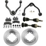 JC Whitney 8-Piece Kit Front, Driver and Passenger Side Axle Assembly with Brake Discs, Brake Pad Set, and Control Arms, Four Wheel Drive