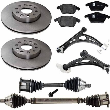 JC Whitney 8-Piece Kit Front Axle Assembly with Brake Discs, Brake Pad Set, and Control Arms, Diesel, Sedan, Front Wheel Drive, Automatic Dual Clutch Transmission
