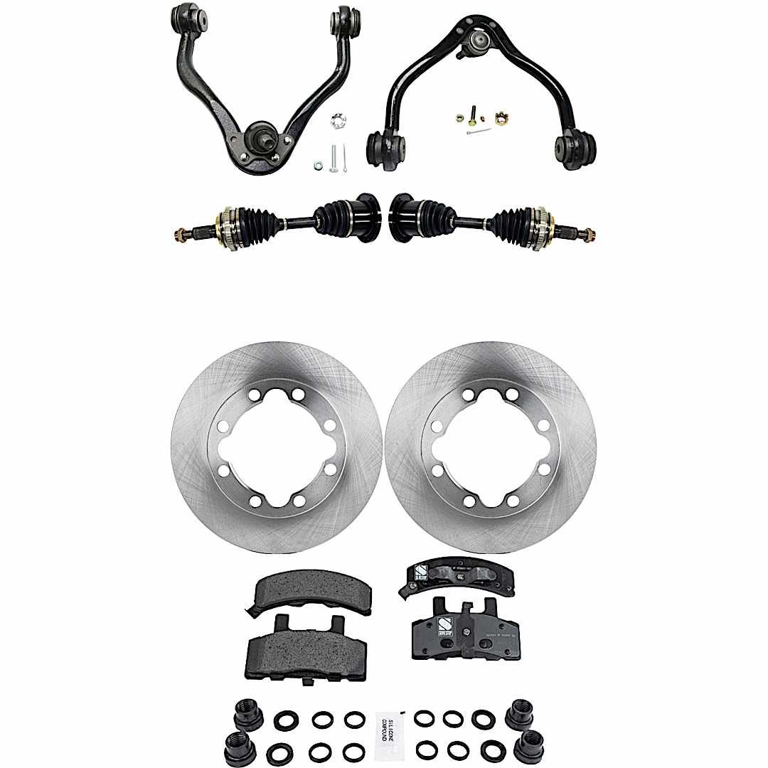 kit-j061522-028_1.jpg JC Whitney 8-Piece Kit Front Driver and Passenger Side Axle Assembly with Brake Discs, Brake Pad Set, and Control Arms, Four Wheel Drive - Image 1