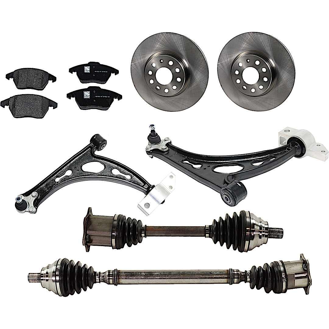 kit-j061622-138_1.jpg JC Whitney 8-Piece Kit Front Axle Assembly, includes (2) Axle Assembly, (2) Brake Disc, (1) Brake Pad Set, and (2) Control Arm, Automatic Dual Clutch Transmission - Image 1