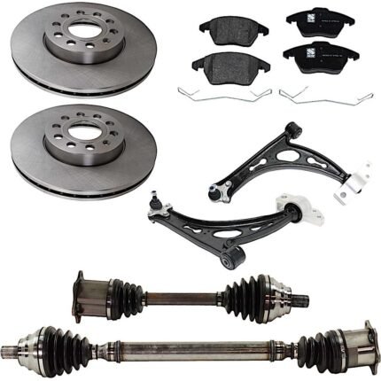 JC Whitney 8-Piece Kit Front Axle Assembly with Brake Discs, Brake Pad Set, and Control Arms, Diesel, Front Wheel Drive, Automatic Dual Clutch Transmission
