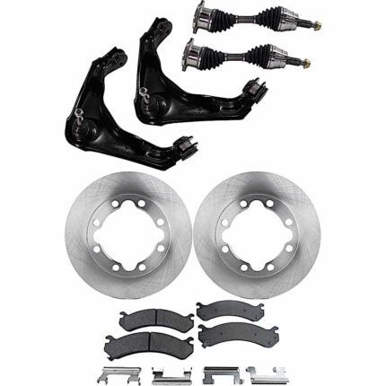 JC Whitney 8-Piece Kit Front, Driver and Passenger Side Axle Assembly, 4WD, Supplied with Standard Neoprene Outboard Boot, New, includes (2) Axle Assembly, (2) Brake Disc, (1) Brake Pad Set, and (2) Control Arm