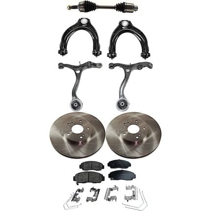 JC Whitney 9-Piece Kit Front, Passenger Side Axle Assembly with Brake Discs, Brake Pad Sets, and Control Arms, Front Wheel Drive