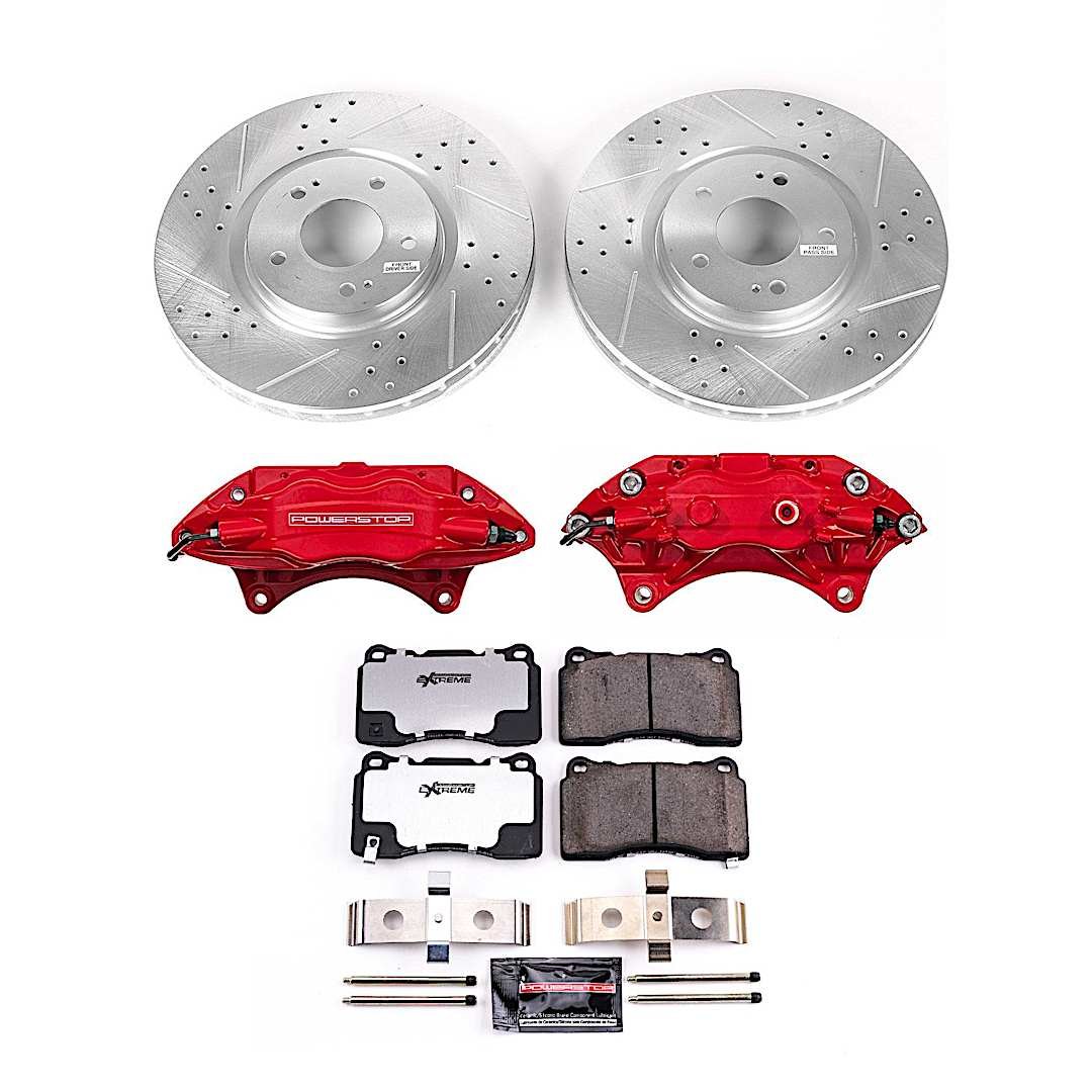 p15kc10726_1.jpg Powerstop KC107-26 Front Brake Disc and Caliper Kit, Cross-drilled and Slotted 5 Lugs 320 mm Powdercoated red, Carbon Fiber Ceramic, Z26 Street Warrior Carbon-Fiber Ceramic Series - Image 1