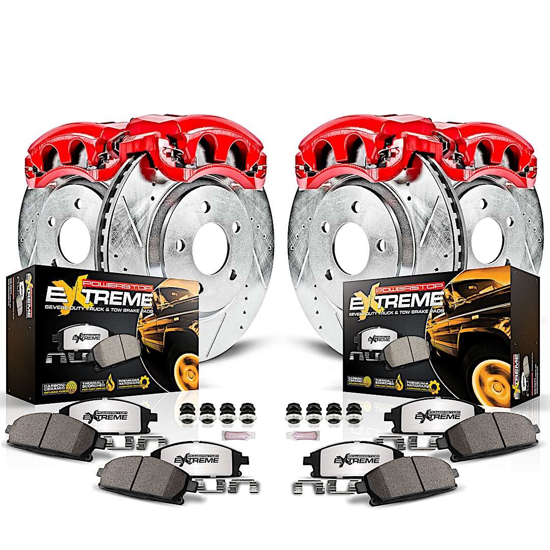 p15kc1140a36_1.jpg Powerstop KC1140A-36 Front and Rear Brake Disc and Caliper Kit, Cross-drilled and Slotted 5 Lugs 287 mm Red Powdercoat Caliper, Carbon Fiber Ceramic, AWD, Z36 Extreme Truck And Tow - Image 1