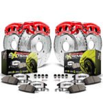 Powerstop KC1305D-26 Front and Rear Brake Disc and Caliper Kit, Cross-drilled and Slotted 5 Lugs 296 mm Red Powdercoat Caliper, Carbon Fiber Ceramic, Z26 Street Warrior Carbon-Fiber Ceramic Series