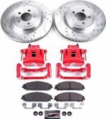 Powerstop KC2560B Front Brake Disc and Caliper Kit, Cross-drilled and Slotted 5 Lugs Red Powdercoat Caliper, Carbon Fiber Ceramic, Z23 Evolution Sport Series