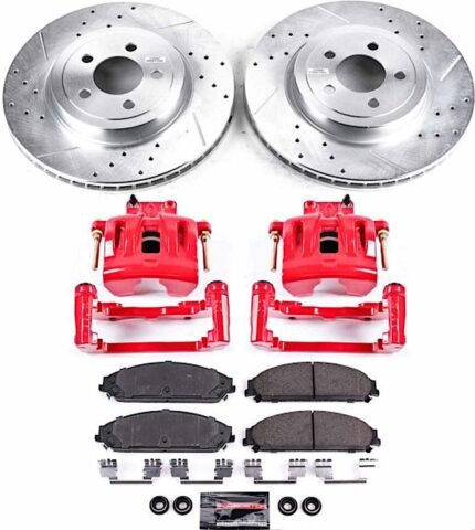Powerstop KC2560B Front Brake Disc and Caliper Kit, Cross-drilled and Slotted 5 Lugs Red Powdercoat Caliper, Carbon Fiber Ceramic, Z23 Evolution Sport Series