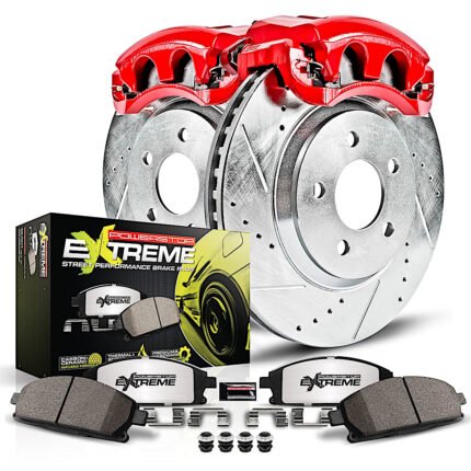 Powerstop KC3019A-26 Rear Brake Disc and Caliper Kit, Cross-drilled and Slotted 5 Lugs 365 mm Red Powdercoat Caliper, Carbon Fiber Ceramic, Z26 Street Warrior Carbon-Fiber Ceramic Series