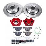 Powerstop KC5732A Rear Brake Disc and Caliper Kit, Cross-drilled and Slotted 5 Lugs 327 mm Powdercoated red, Carbon Fiber Ceramic, Z23 Evolution Sport Series