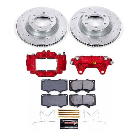 Powerstop KC5873A Front Brake Disc and Caliper Kit, Cross-drilled and Slotted 6 Lugs 338 mm Powdercoated red, Carbon Fiber Ceramic, Z23 Evolution Sport Series