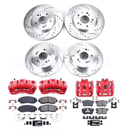 Powerstop KC6305 Front and Rear Brake Disc and Caliper Kit, Cross-drilled and Slotted 5 Lugs 296 mm Red Powdercoat Caliper, Carbon Fiber Ceramic, AWD, Z23 Evolution Sport Series