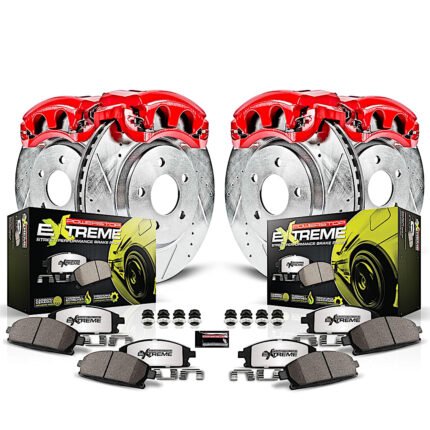 Powerstop KC6762-26 Front and Rear Brake Disc and Caliper Kit, Cross-drilled and Slotted 5 Lugs 274 mm Red Powdercoat Caliper, Carbon Fiber Ceramic, Z26 Street Warrior Carbon-Fiber Ceramic Series