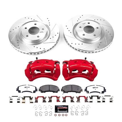 Powerstop KC7034-26 Front Brake Disc and Caliper Kit, Cross-drilled and Slotted 5 Lugs 320 mm Red Powdercoat Caliper, Carbon Fiber Ceramic, Z26 Street Warrior Carbon-Fiber Ceramic Series
