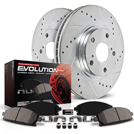 Powerstop KC7175 Front Brake Disc and Caliper Kit, Cross-drilled and Slotted 5 Lugs 339.8 mm Red Powdercoat Caliper, Carbon Fiber Ceramic, Z23 Evolution Sport Series