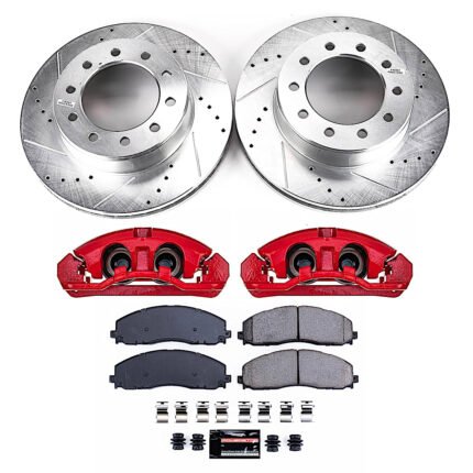 Powerstop KC8029 Front Brake Disc and Caliper Kit, Cross-drilled and Slotted 10 Lugs 369 mm Red Powdercoat Caliper, Carbon Fiber Ceramic, 4WD, Z23 Evolution Sport Series