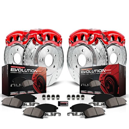 Powerstop KC8357 Front and Rear Brake Disc and Caliper Kit, Cross-drilled and Slotted 6 Lugs 282.7 mm Red Powdercoat Caliper, Carbon Fiber Ceramic, RWD, Z23 Evolution Sport Series