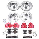Powerstop KC8842A Front and Rear Brake Disc and Caliper Kit, Cross-drilled and Slotted 5 Lugs 299.8 mm Red Powdercoat Caliper, Carbon Fiber Ceramic, Z23 Evolution Sport Series