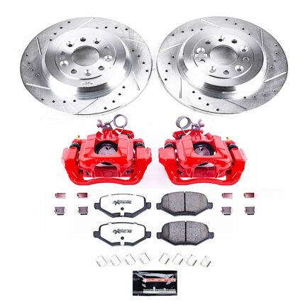 Powerstop KC8846-36 Rear Brake Disc and Caliper Kit, Cross-drilled and Slotted 5 Lugs 330 mm Red Powdercoat Caliper, Carbon Fiber Ceramic, Z36 Extreme Truck And Tow