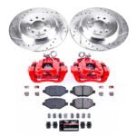 Powerstop KC8846 Rear Brake Disc and Caliper Kit, Cross-drilled and Slotted 5 Lugs 330 mm Red Powdercoat Caliper, Carbon Fiber Ceramic, Z23 Evolution Sport Series