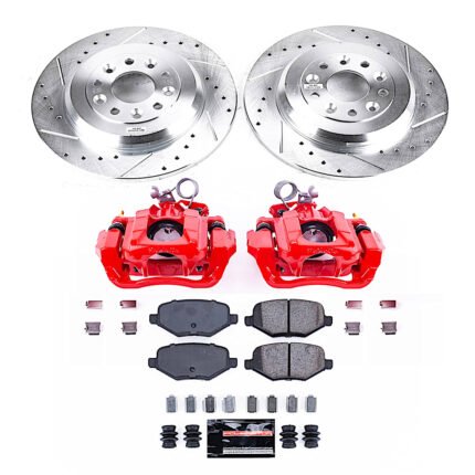 Powerstop KC8846 Rear Brake Disc and Caliper Kit, Cross-drilled and Slotted 5 Lugs 330 mm Red Powdercoat Caliper, Carbon Fiber Ceramic, Z23 Evolution Sport Series