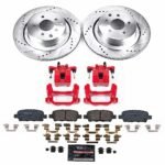 Powerstop KC9062 Rear Brake Disc and Caliper Kit, Cross-drilled and Slotted 5 Lugs 330 mm Red Powdercoat Caliper, Carbon Fiber Ceramic, Z23 Evolution Sport Series