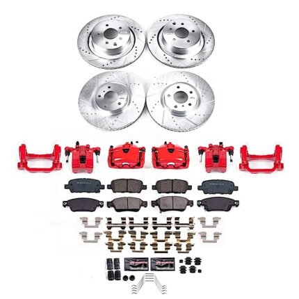 Powerstop KC9063 Front and Rear, Driver or Passenger Side Brake Disc and Caliper Kit, Cross-drilled and Slotted 5 Lugs 330 mm Red Powdercoat Caliper, Carbon Fiber Ceramic, Z23 Evolution Sport Series