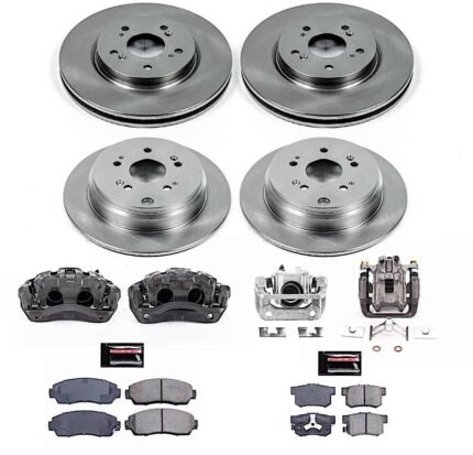 Powerstop KCOE6305 Front and Rear Brake Disc and Caliper Kit, Plain Surface 5 Lugs 296 mm Natural Caliper, Ceramic, AWD, Z17 OE Replacement