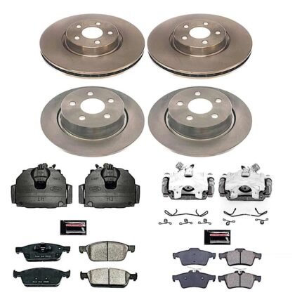 Powerstop KCOE8174 Front and Rear Brake Disc and Caliper Kit, Plain Surface 5 Lugs 279.9 mm Natural Caliper, Ceramic, Z17 OE Replacement